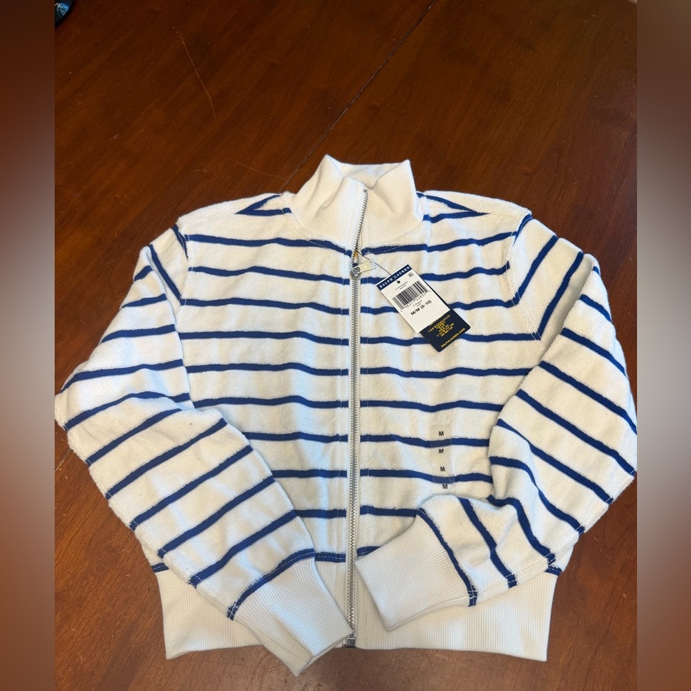 Polo Ralph Lauren Zip Up Striped Terry Cloth Sweatshirt  M 8-10 NWT - Picture 3 of 8